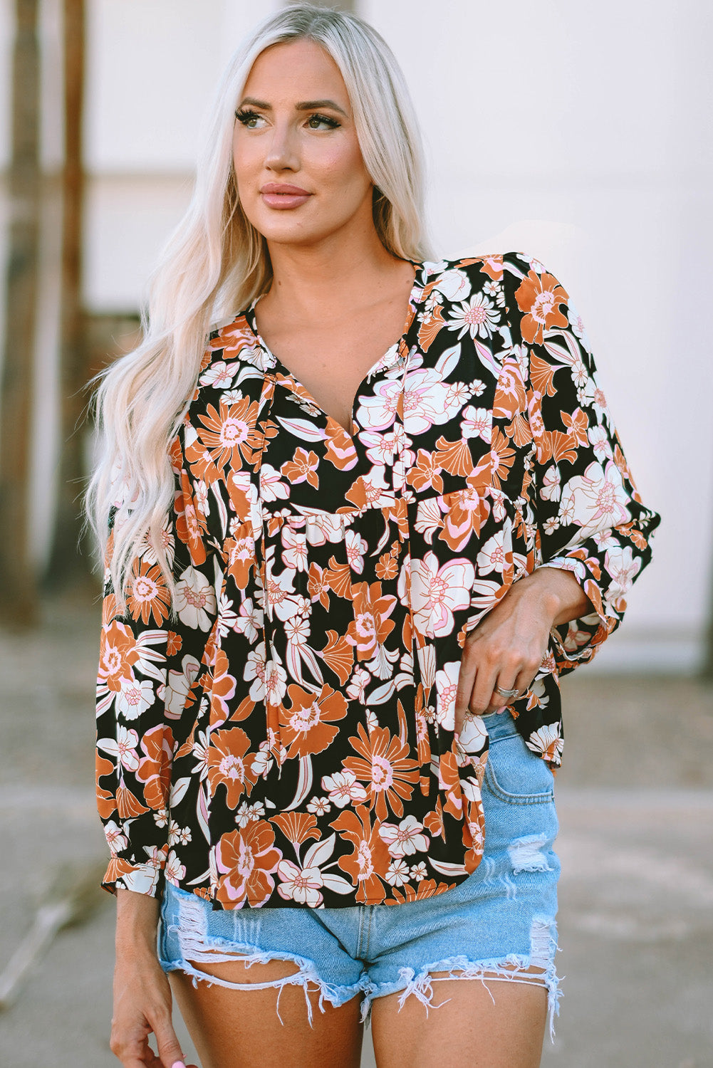 Brown Floral Print 3/4 Sleeve Babydoll Blouse