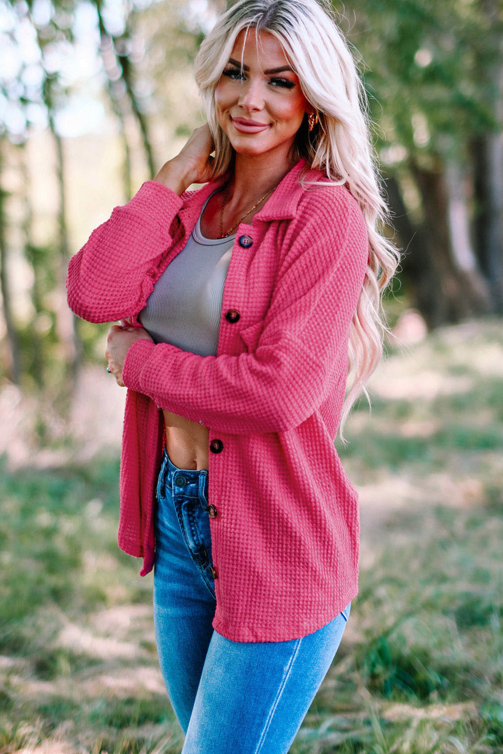 Pink Waffle Knit Button Up Casual Shirt