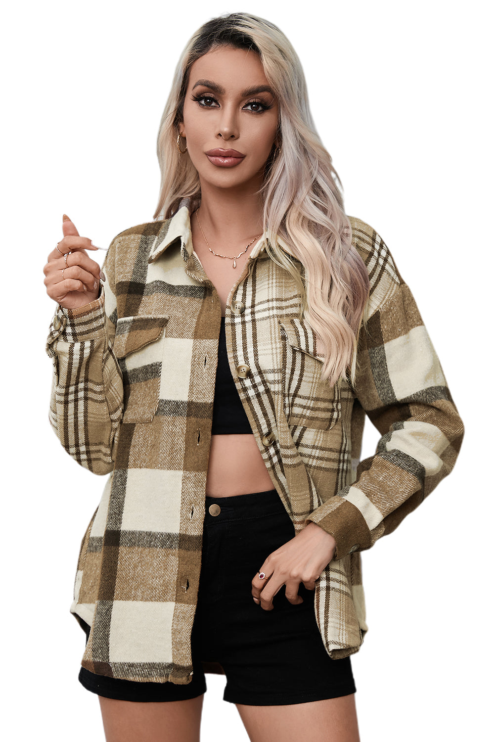 Parchment Contrast Plaid Patchwork Flap Pocket Shacket