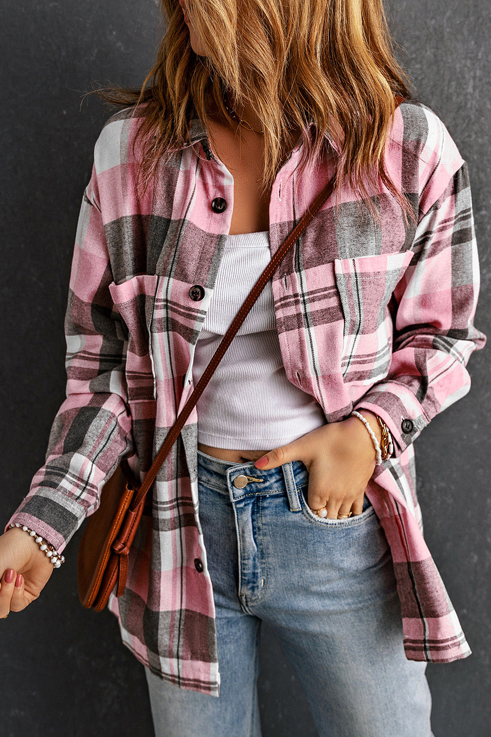 Pink Plaid Button Up Patch Pocket Shirt