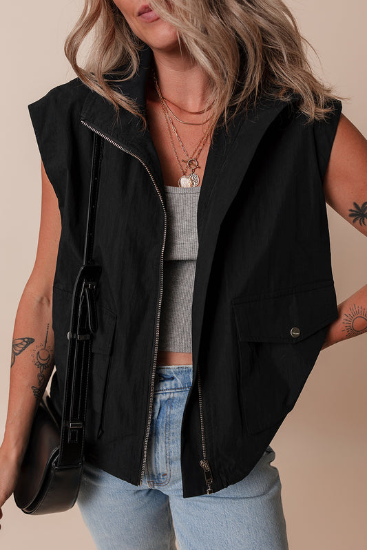 Black Flap Pockets Zip Up High Neck Vest