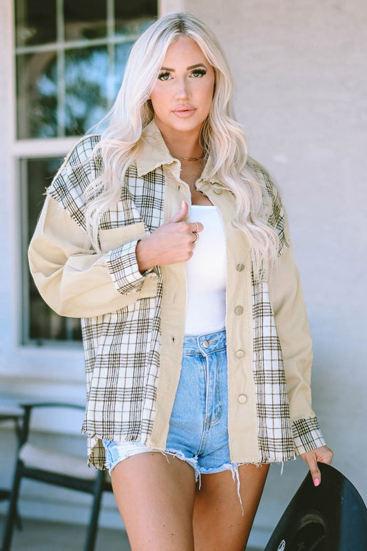 Khaki Distressed Raw Edge Plaid Patchwork Denim Jacket