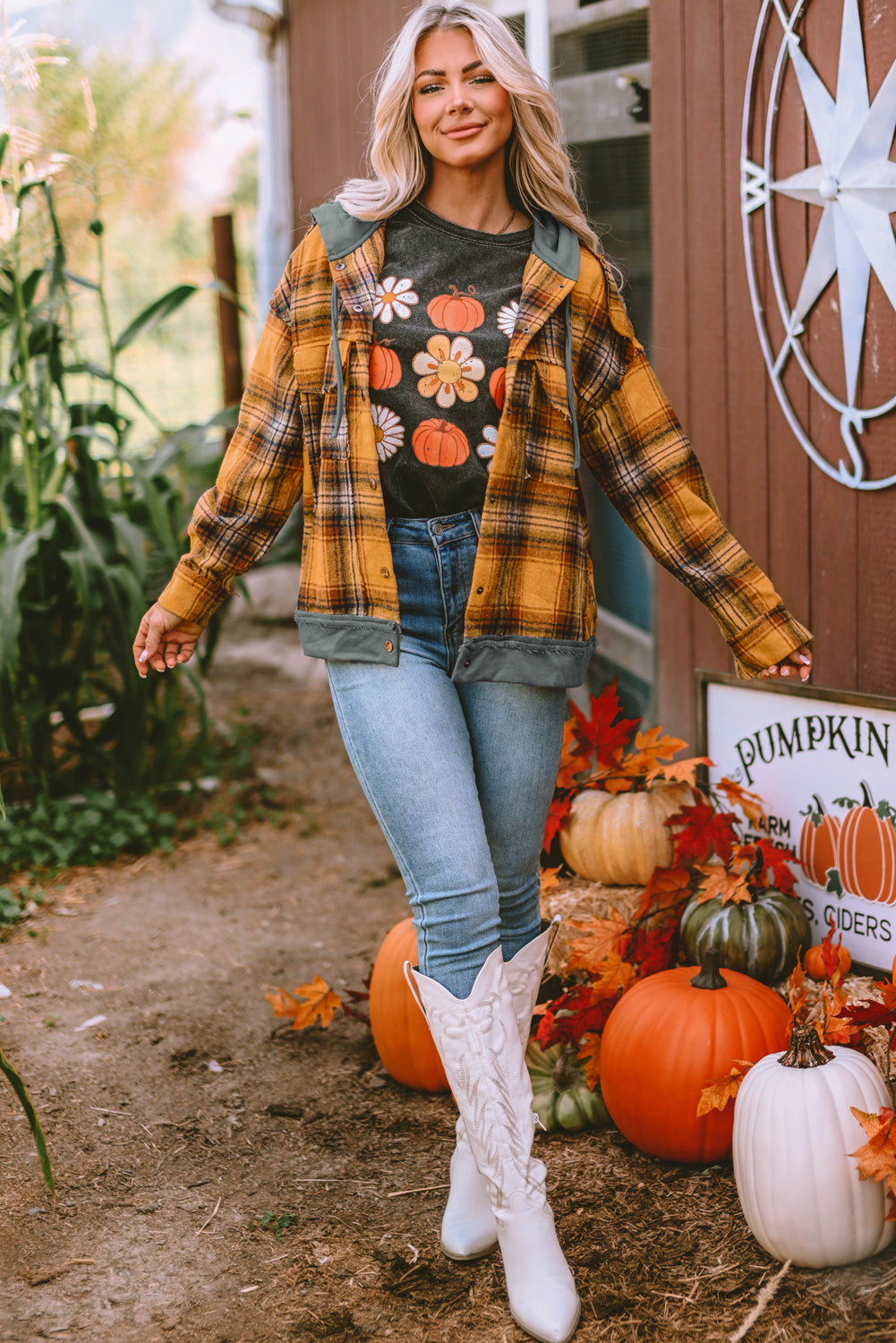 Orange Plaid Patch Hooded Frayed Snap Button Jacket