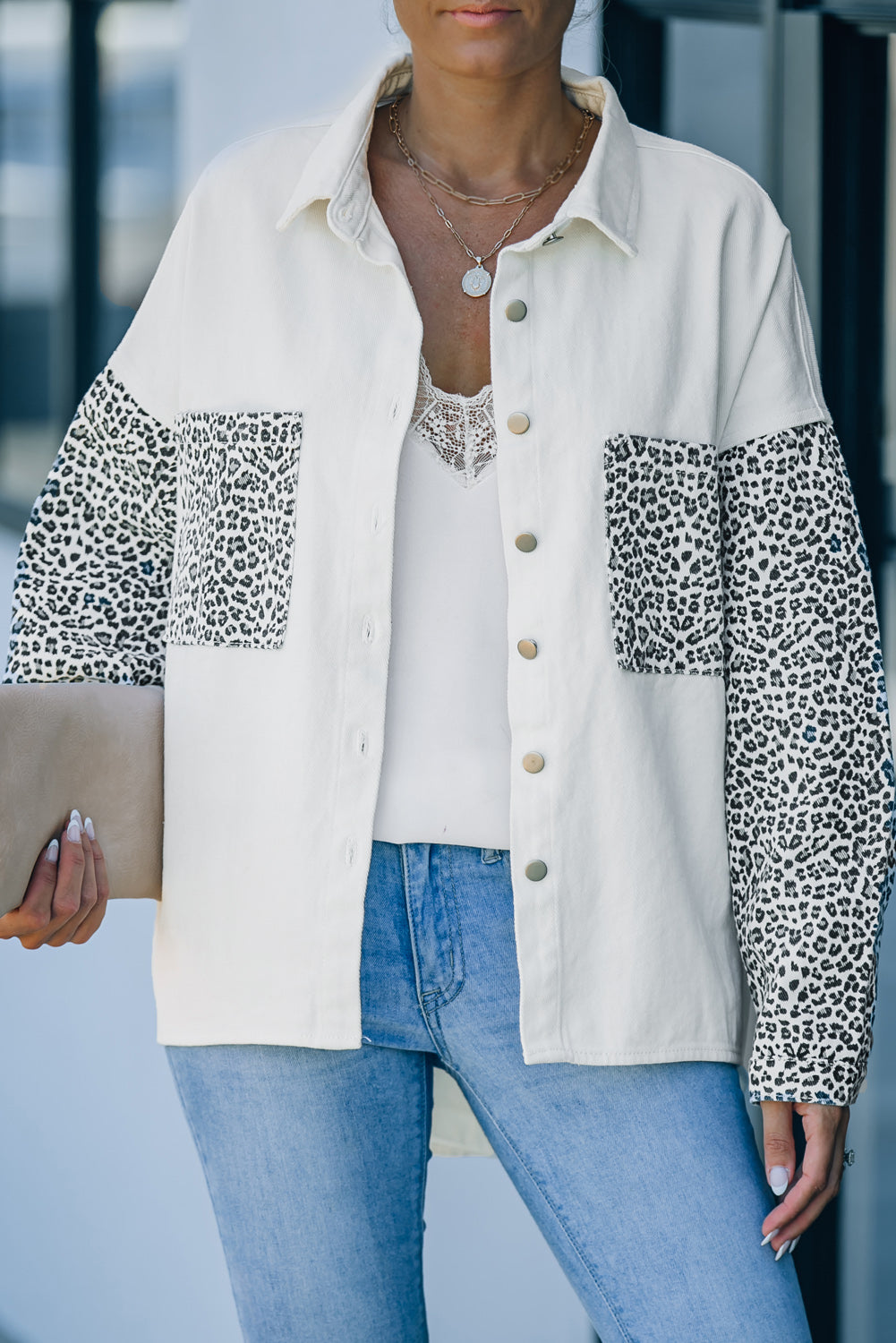 White Contrast Leopard Denim Jacket