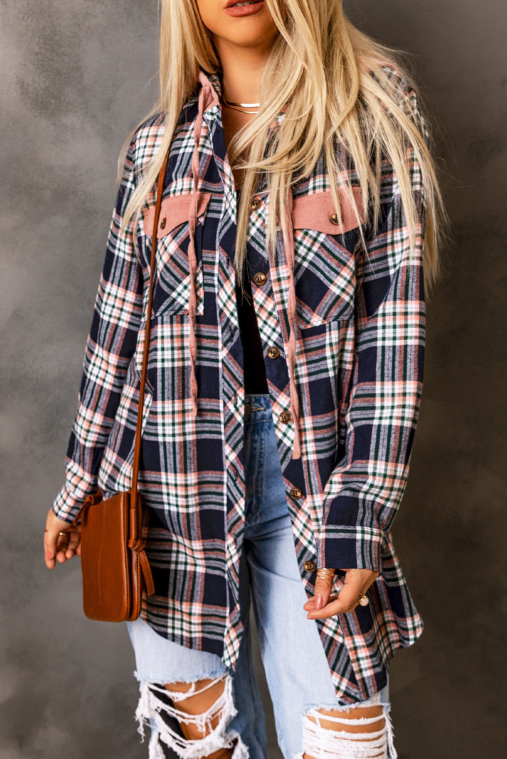 Pink Contrast Hooded Drawstring Plaid Shacket