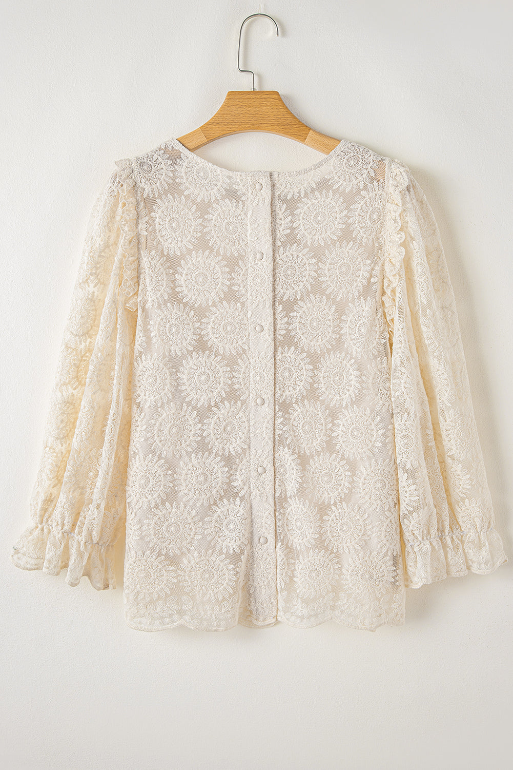 Oatmeal Flower Jacquard Button Back Ruffled 3/4 Sleeve Blouse