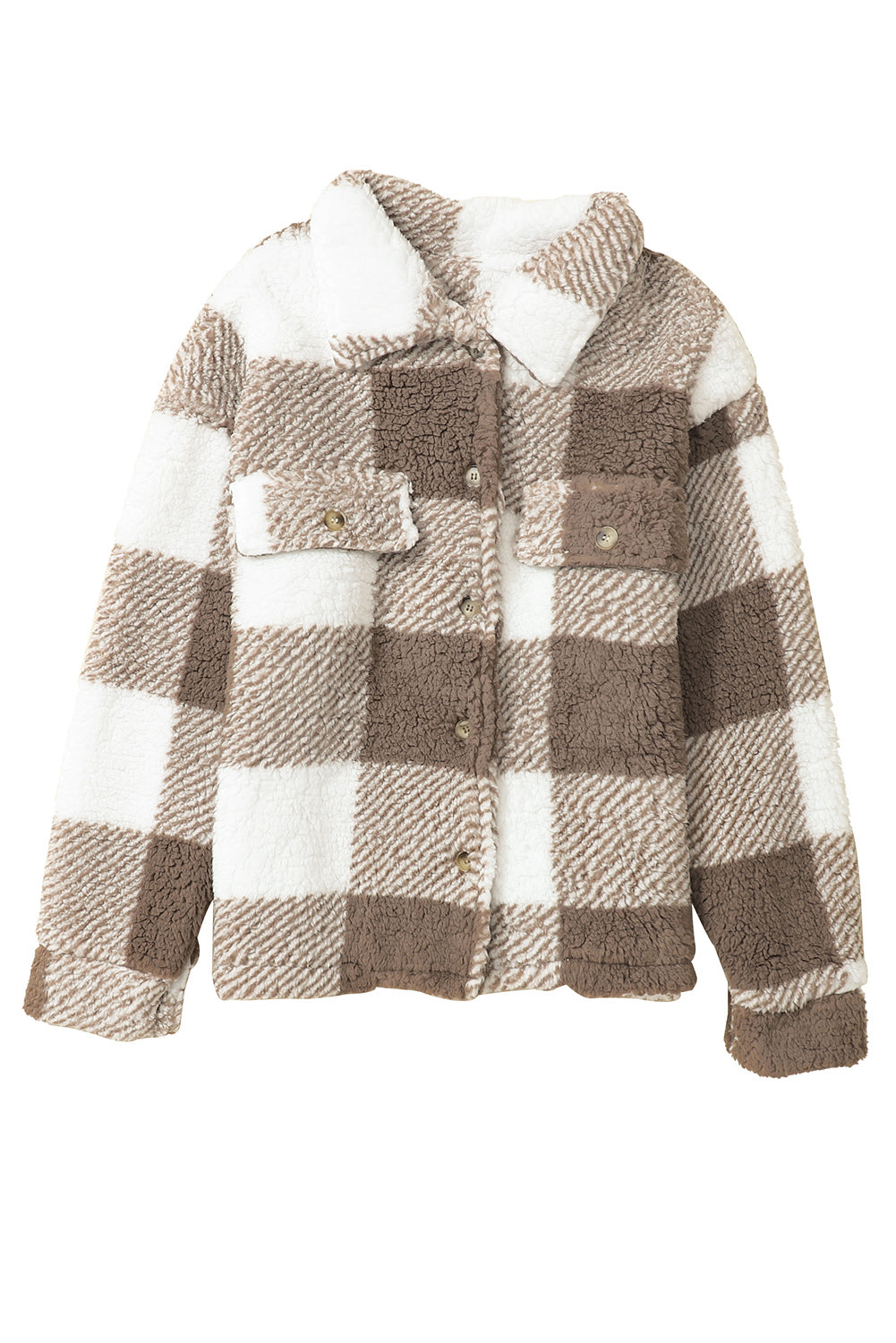 Khaki Plaid Sherpa Buttoned Flap Pocket Shacket