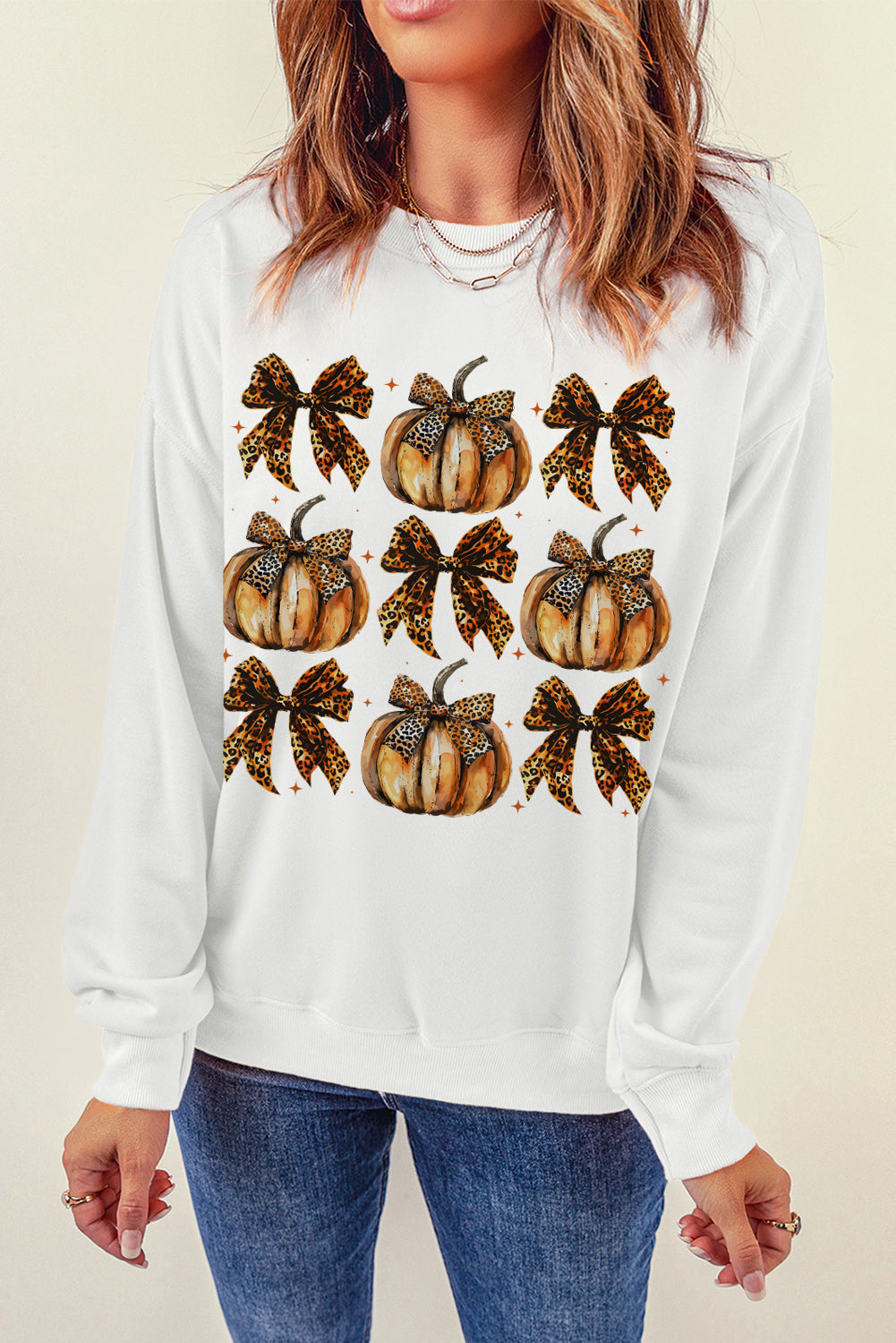 Beige Pumpkin Leopard Bow Knot Print Pullover Sweatshirt