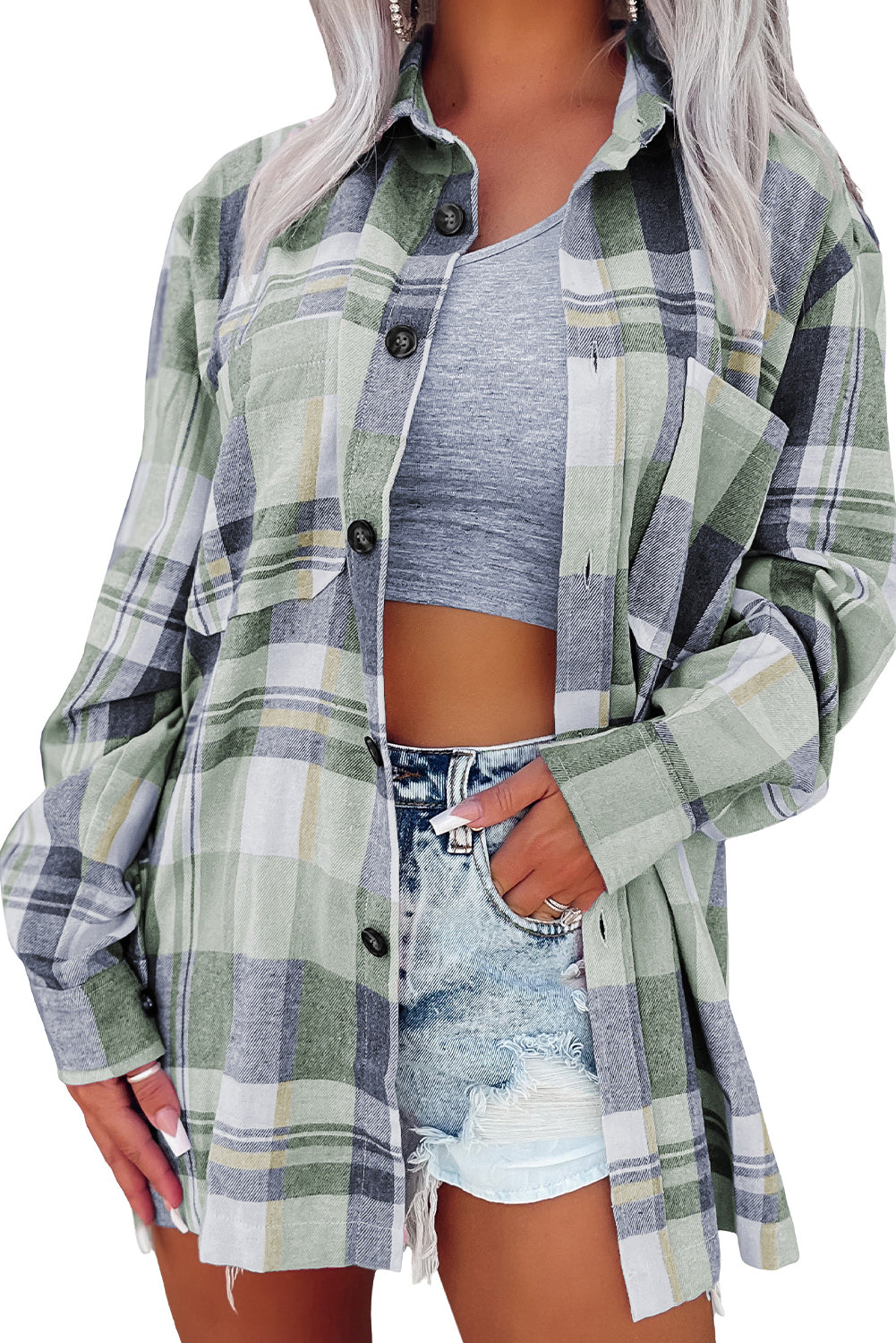 Green Plaid Button Up Patch Pocket Shirt