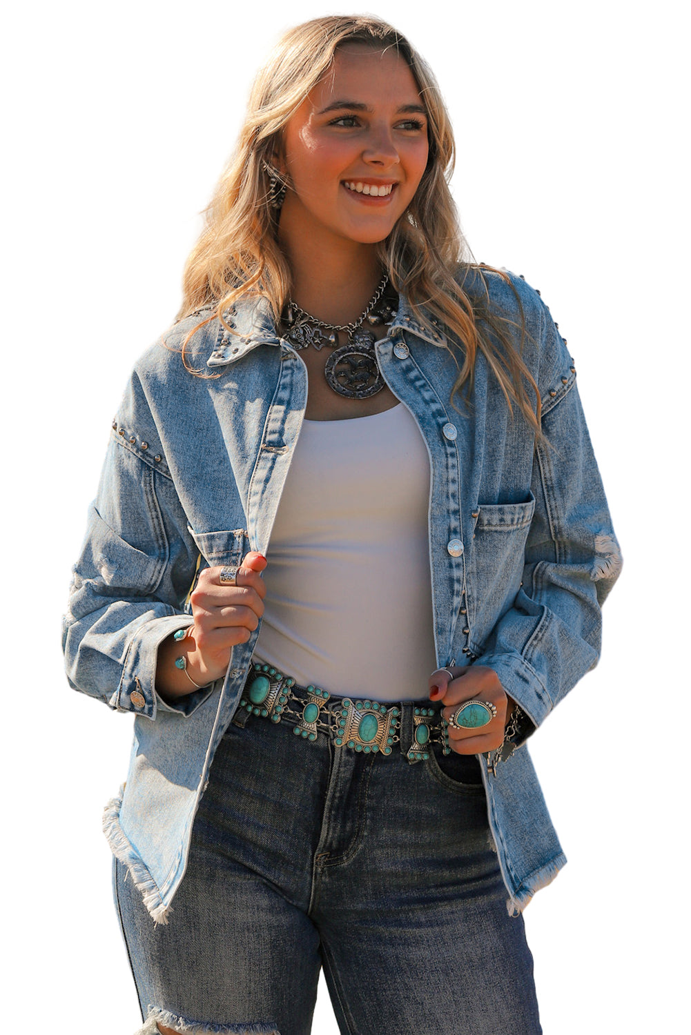 Sky Blue Studded Acid Wash Denim Jacket