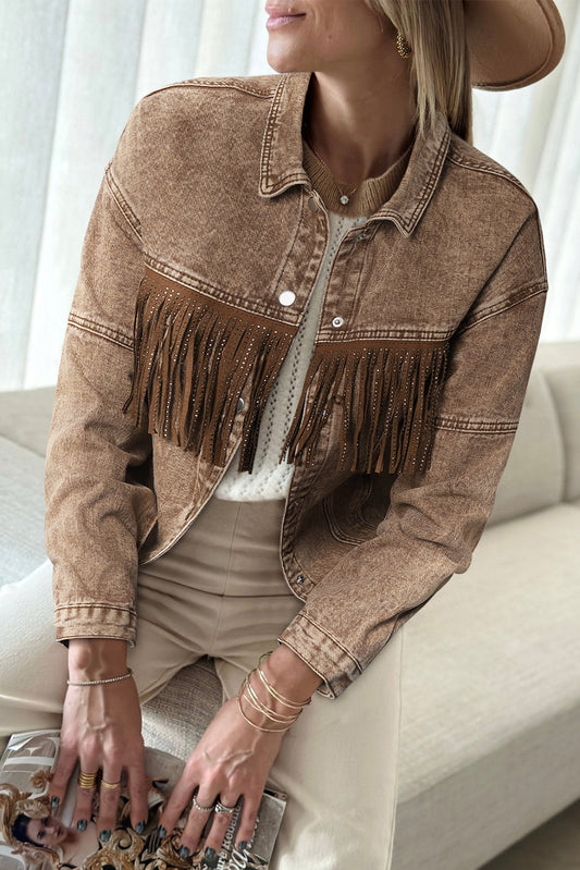 Brown Rhinestone Fringed Cowgirl Fashion Denim Jacket