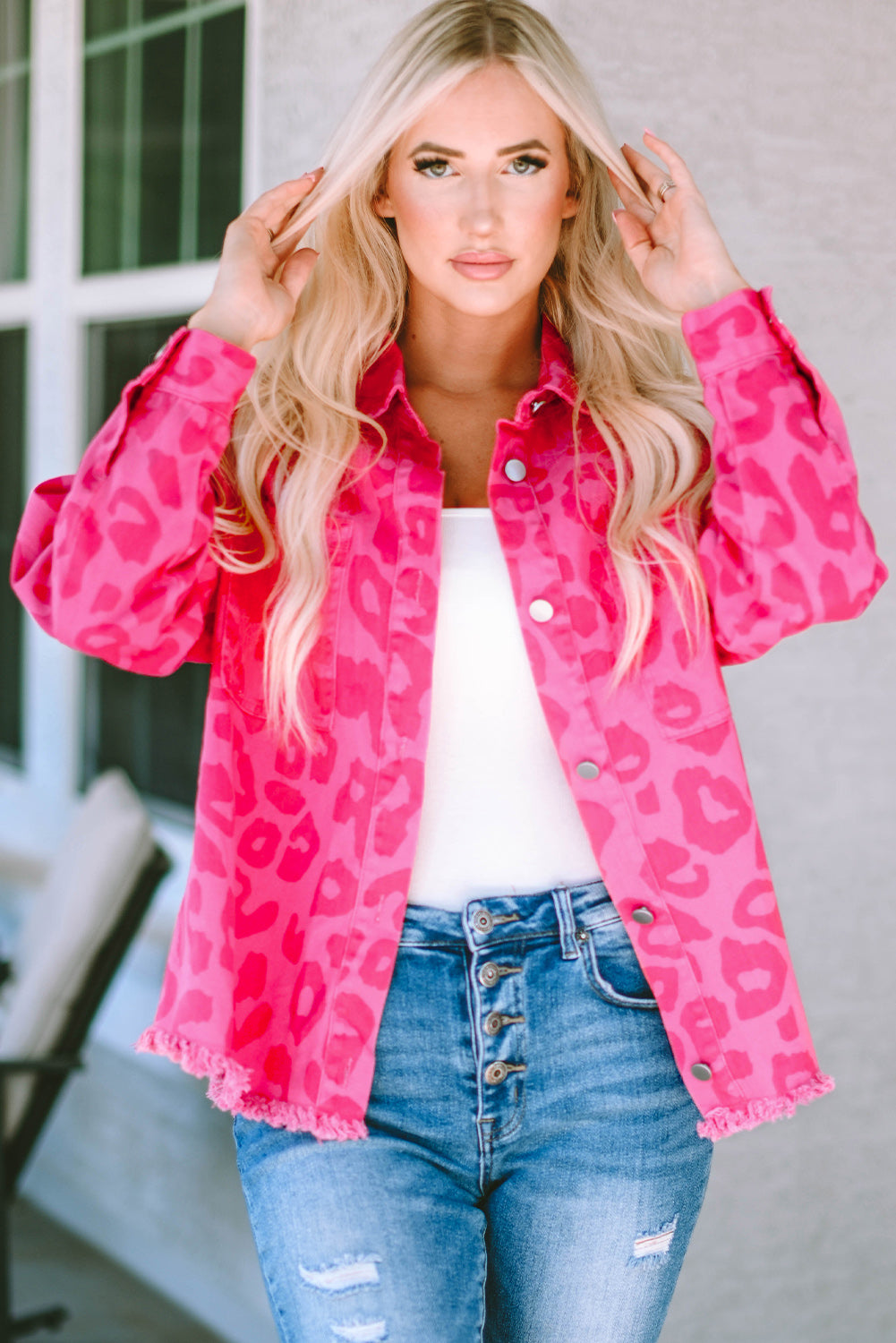 Pink Leopard Print Button Cuffs Raw Hem Jacket