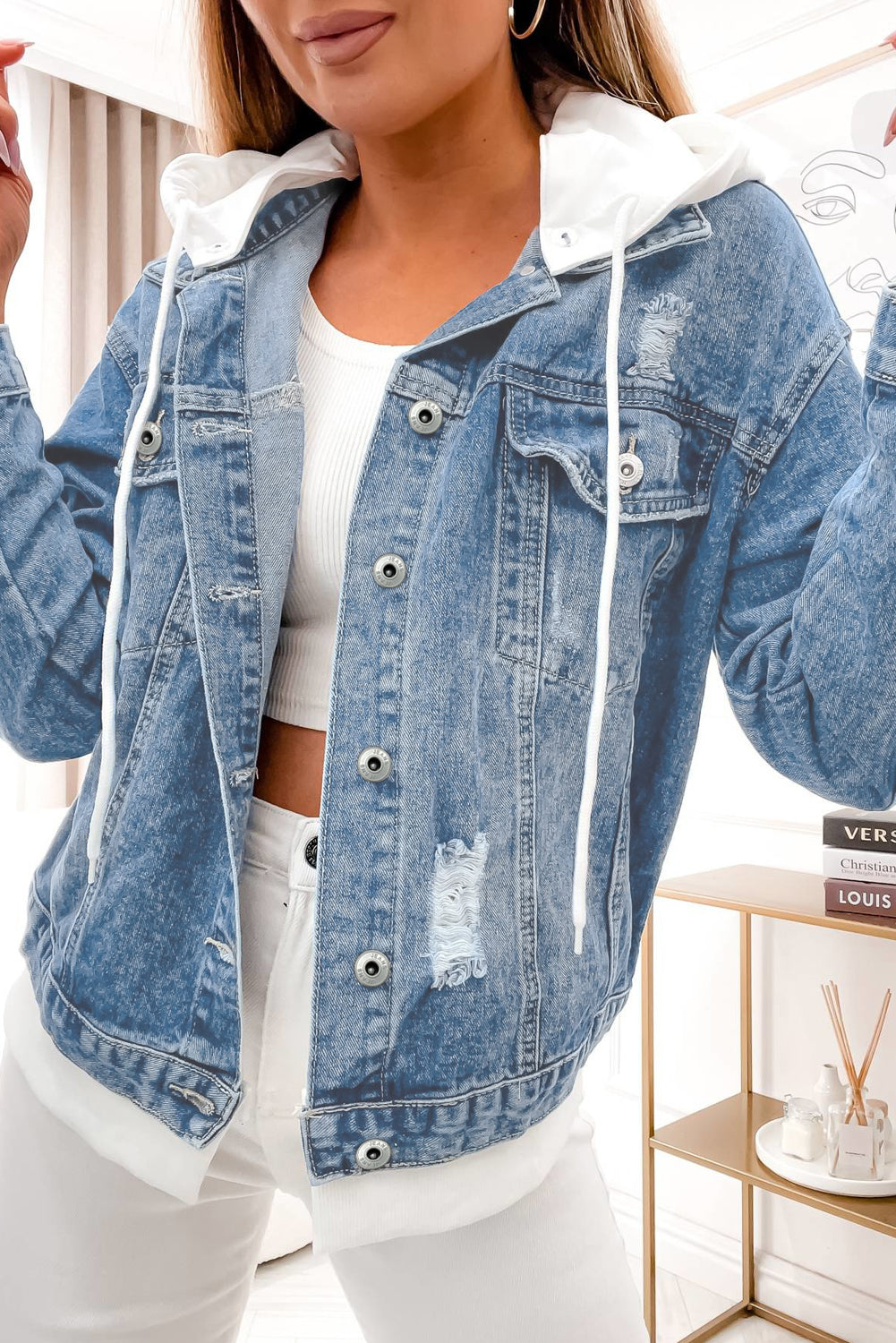 Sky Blue Distressed Contrast Hooded Denim Jacket with Pockets