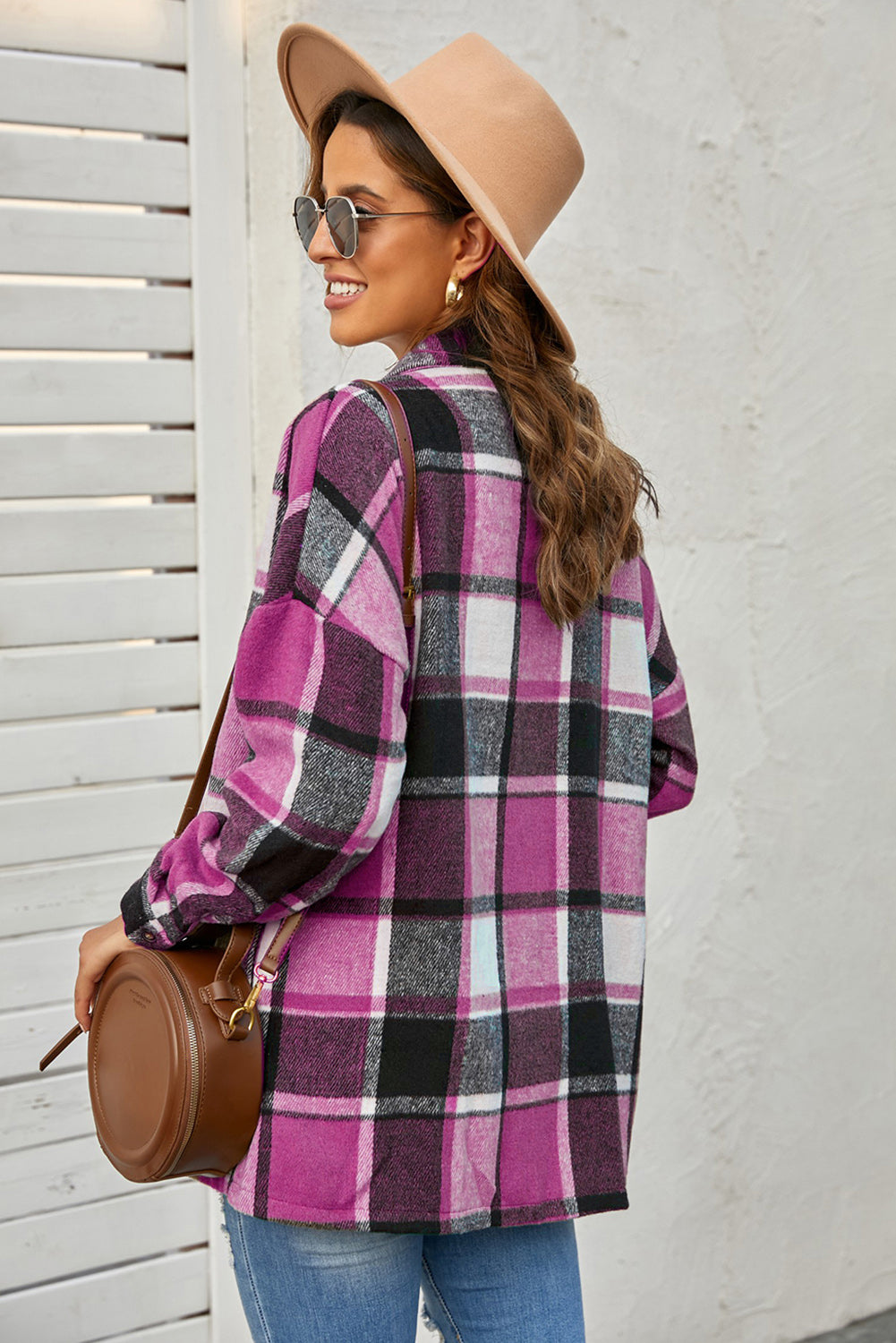 Rose Plaid Print Buttoned Shirt Jacket