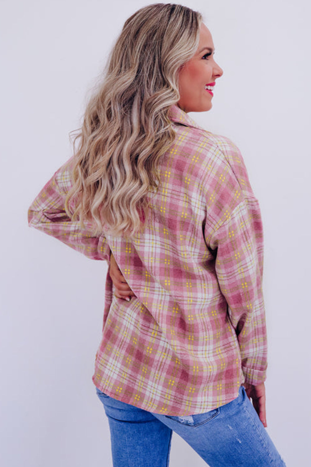 Pink Plaid Print Chest Pocket Long Sleeve Shacket