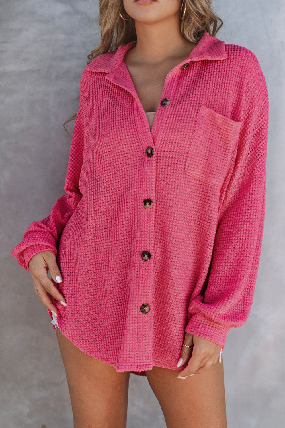 Pink Waffle Knit Button Up Casual Shirt