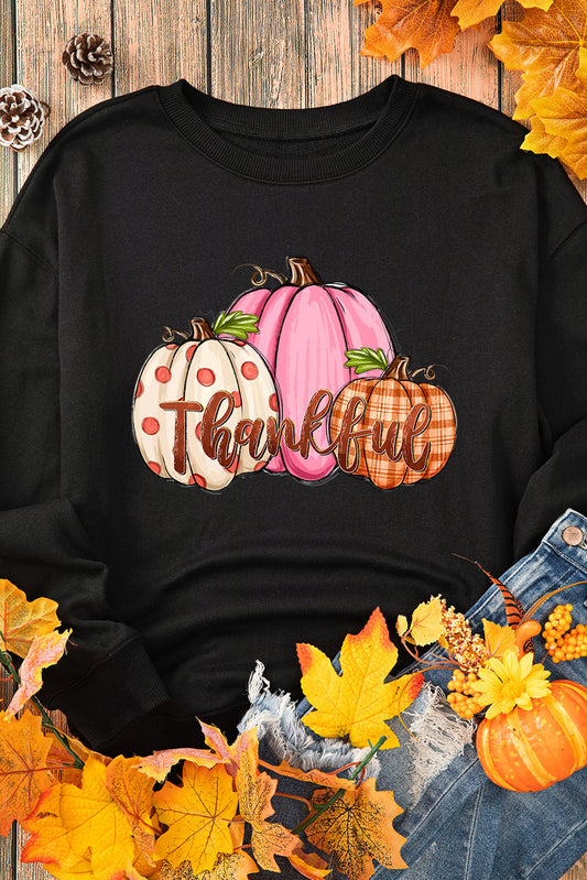 Black Pumpkin Thankful Drop Shoulder Thanksgiving Pullover Sweatshirt