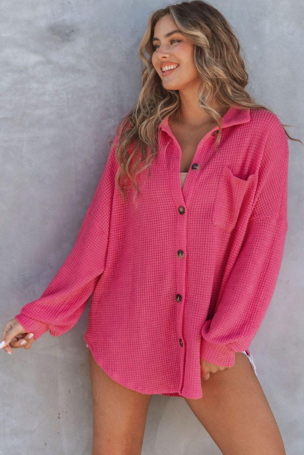 Pink Waffle Knit Button Up Casual Shirt