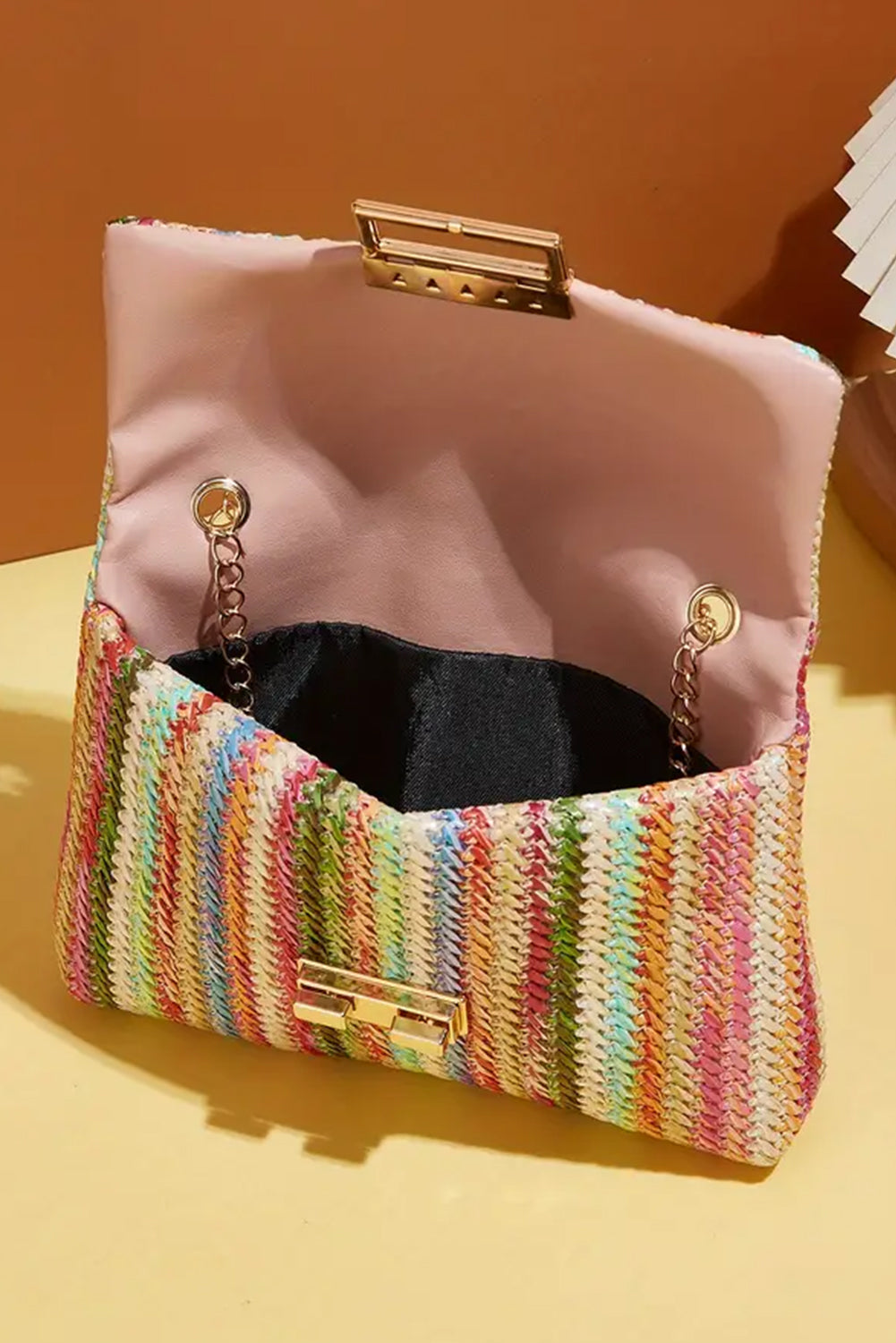 Strawberry Pink Bohemian Woven Gold Chain Shoulder Bag