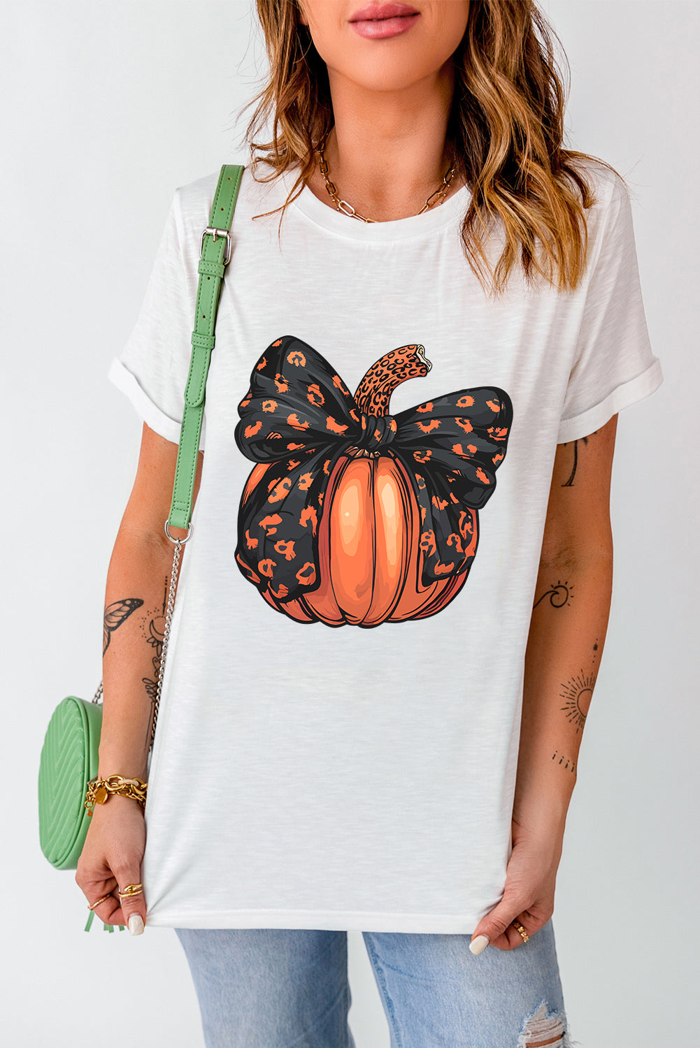 White Halloween Bowknot Pumpkin Graphic Crewneck T Shirt