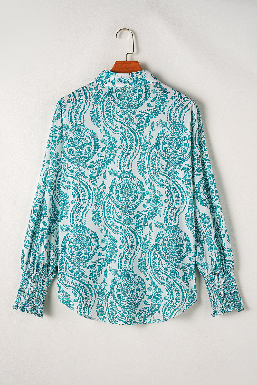 Green Paisley Print Smocked Cuff Buttoned Loose Shirt