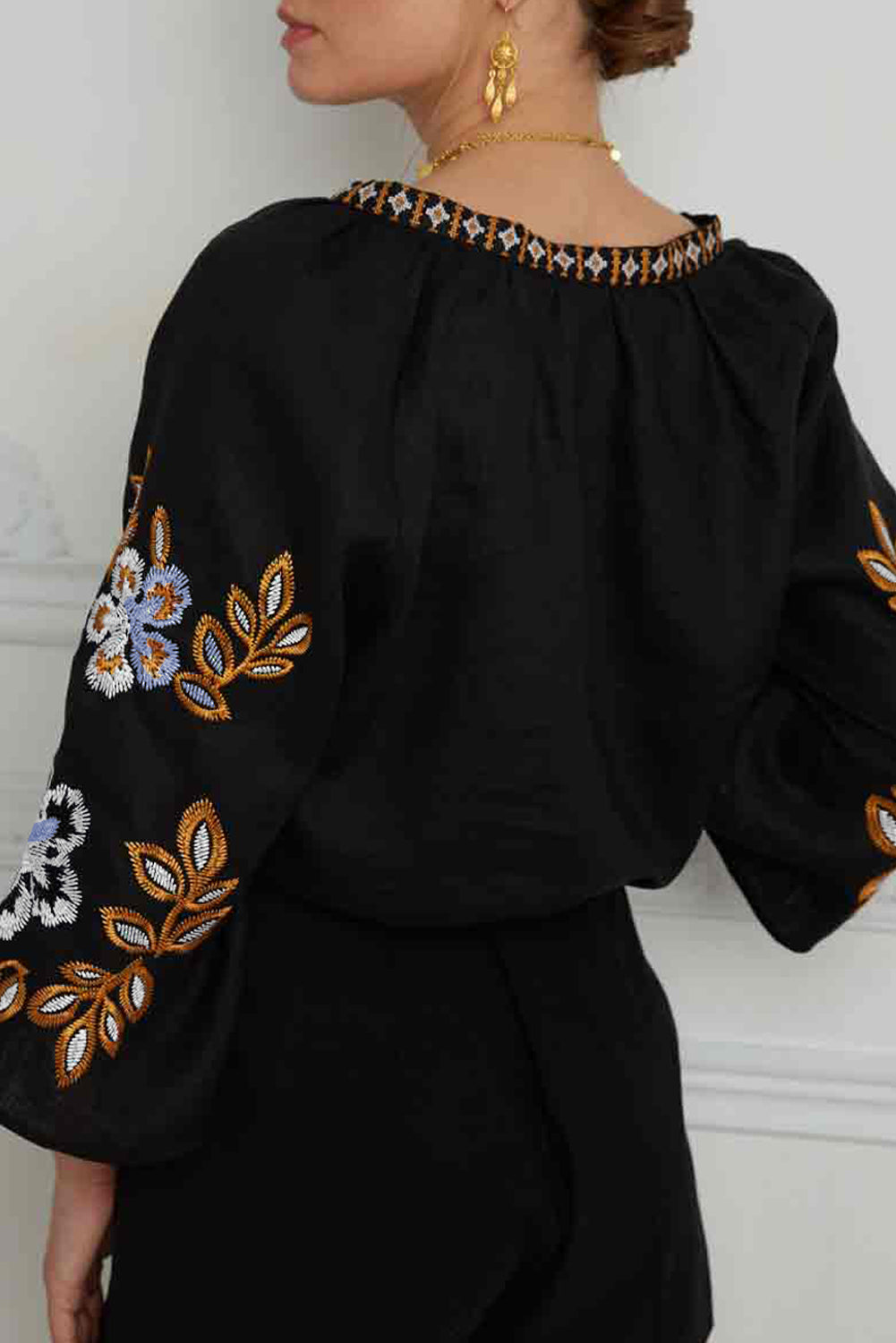 Black Bohemian Floral Embroidered V Neck Blouse