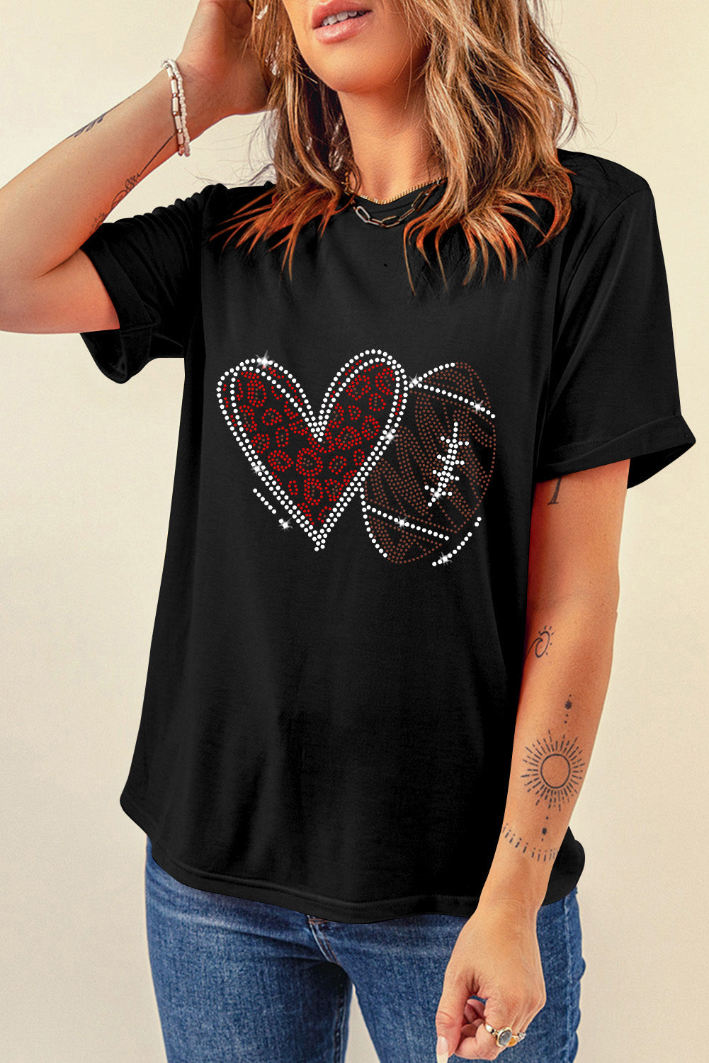 Black Rhinestone Rugby Football Heart Shape Graphic T Shirt